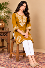 Mustard yellow ethnic kurti with embroidered three-quarter sleeve cuffs