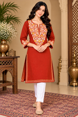 Rust red Kashmiri kurti with multicolour floral embroidery on neckline, sleeves and hem