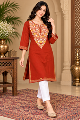Rust red ethnic kurti with embroidered three-quarter sleeve cuffs