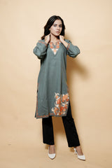 Grey Colour Aari Work Woolen Kurti CraftKashmir
