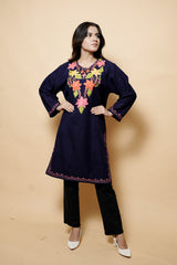 Navy Blue Colour Aari Work Woolen Kurti CraftKashmir