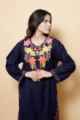 Navy Blue Colour Aari Work Woolen Kurti CraftKashmir