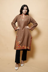 Brown Colour Aari Work Woolen Kashmiri Kurti CraftKashmir