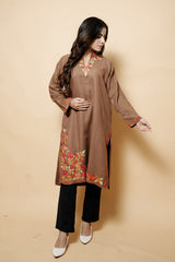 Brown Colour Aari Work Woolen Kashmiri Kurti CraftKashmir