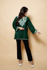 Green Colour Aari Work Woolen Kashmiri Kurti CraftKashmir
