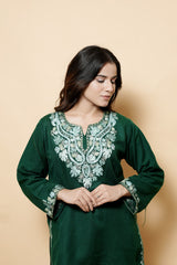 Green Colour Aari Work Woolen Kashmiri Kurti CraftKashmir