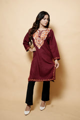 Maroon Colour Aari Work Woolen Kashmiri Kurti CraftKashmir