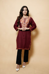 Maroon Colour Aari Work Woolen Kashmiri Kurti CraftKashmir