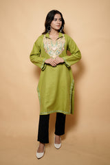 Green Colour Aari Work Woolen Kashmiri Kurti CraftKashmir