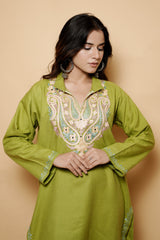Green Colour Aari Work Woolen Kashmiri Kurti CraftKashmir