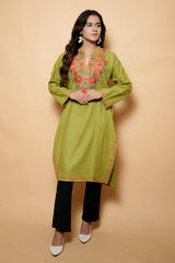 Green Colour Aari Work Woolen Kashmiri Kurti CraftKashmir
