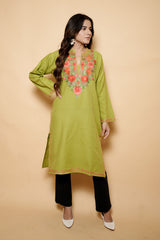 Green Colour Aari Work Woolen Kashmiri Kurti CraftKashmir