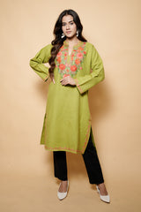 Green Colour Aari Work Woolen Kashmiri Kurti CraftKashmir