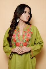 Green Colour Aari Work Woolen Kashmiri Kurti CraftKashmir