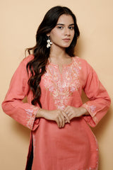 Pink Colour Aari & Tilla Work Woolen Kashmiri Kurti CraftKashmir