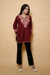 Maroon Colour Aari & Tilla Work Woolen Kashmiri Kurti CraftKashmir