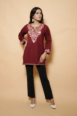 Maroon Colour Aari & Tilla Work Woolen Kashmiri Kurti CraftKashmir