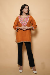 Orange Colour Aari & Tilla Work Woolen Kashmiri Kurti CraftKashmir