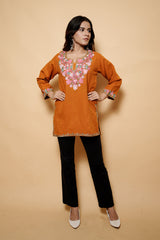 Orange Colour Aari & Tilla Work Woolen Kashmiri Kurti CraftKashmir