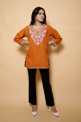 Orange Colour Aari & Tilla Work Woolen Kashmiri Kurti CraftKashmir