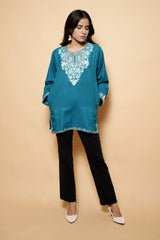 Turquoise Blue Colour Aari & Tilla Work Kashmiri Kurti CraftKashmir