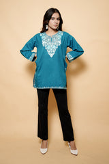 Turquoise Blue Colour Aari & Tilla Work Kashmiri Kurti CraftKashmir