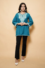 Turquoise Blue Colour Aari & Tilla Work Kashmiri Kurti CraftKashmir