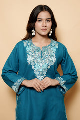 Turquoise Blue Colour Aari & Tilla Work Kashmiri Kurti CraftKashmir