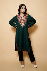 Bottle Green Colour Aari Work Woolen Kashmiri Kurti CraftKashmir