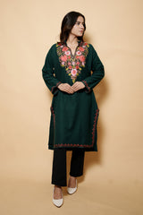 Bottle Green Colour Aari Work Woolen Kashmiri Kurti CraftKashmir