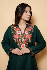 Bottle Green Colour Aari Work Woolen Kashmiri Kurti CraftKashmir