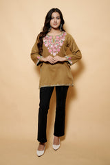 Light Brown Colour Aari & Tilla Work Woolen Kashmiri Kurti CraftKashmir