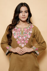 Light Brown Colour Aari & Tilla Work Woolen Kashmiri Kurti CraftKashmir