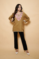 Light Brown Colour Aari & Tilla Work Woolen Kashmiri Kurti CraftKashmir