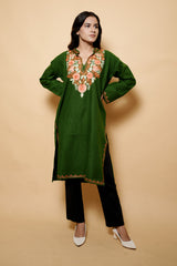 Green Colour Aari Work Woolen Kashmiri Kurti CraftKashmir