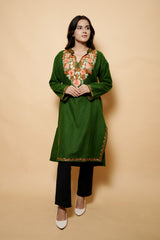 Green Colour Aari Work Woolen Kashmiri Kurti CraftKashmir