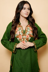 Green Colour Aari Work Woolen Kashmiri Kurti CraftKashmir