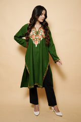 Green Colour Aari Work Woolen Kashmiri Kurti CraftKashmir