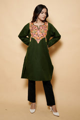 Green Colour Aari Work Woolen Kashmiri Kurti CraftKashmir