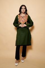 Green Colour Aari Work Woolen Kashmiri Kurti CraftKashmir