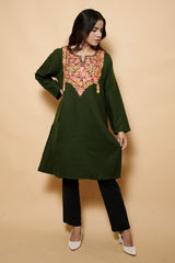 Green Colour Aari Work Woolen Kashmiri Kurti CraftKashmir
