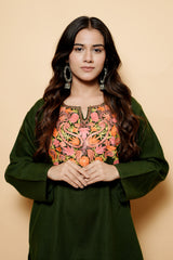 Green Colour Aari Work Woolen Kashmiri Kurti CraftKashmir