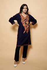 Drak Blue Colour Aari Work Kashmiri Woolen Kurti CraftKashmir