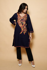 Drak Blue Colour Aari Work Kashmiri Woolen Kurti CraftKashmir