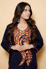 Drak Blue Colour Aari Work Kashmiri Woolen Kurti CraftKashmir