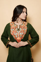 Green Colour Aari Work Kashmiri Woolen Kurti CraftKashmir