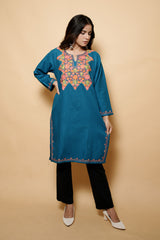 Turquoise Blue Colour Aari Work Kashmiri Woolen Kurti CraftKashmir
