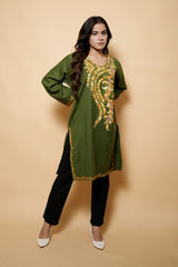 Green Colour Aari Work Kashmiri Woolen Kurti CraftKashmir
