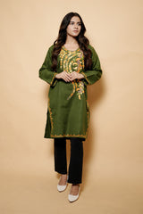 Green Colour Aari Work Kashmiri Woolen Kurti CraftKashmir