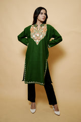 Green Colour Aari Work Woolen Kashmiri Kurti CraftKashmir